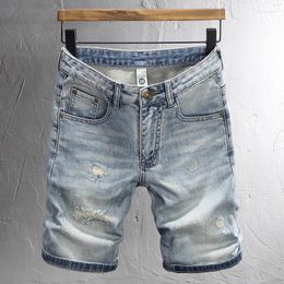 Men's Jeans Summer Fashion Men Retro Light Blue Stretch Slim Fit Ripped Short Homme Patched Designer Vintage Denim Shorts Hombre