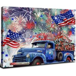 Blue Truck 4th of July Farm Flowers Canvas Wall Art Picturs for Bathroom Kitchen Decor Patriotic Stars Fireworks Print Artwork, Hanging Posters Home Decor Artwork