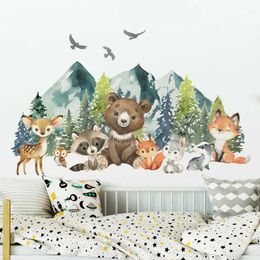 Wall Decor Watercolour Forest Animals Bear Deer Wall Stickers for Kids Rooms Nursery Wall Decals Boys Room Decoration Cartoon Animals Mural d240528