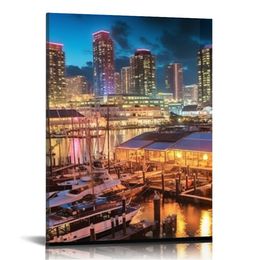 City Canvas Wall Art Miami Night Skyline Picture Canvas Print Florida Cityscape Poster Painting Canvas Modern Living Room Bedroom Decor Framed Ready to Hang