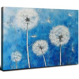 Dandelion Wall Art Modern Blue and White Painting Floral Canvas Landscape Pictures for Bedroom Living Room Wall Decor