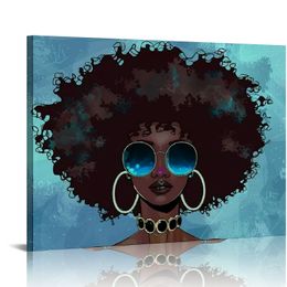 Ritratto afro afroamericano femmina ragazza verde acqua bue occhiali da sole pop art vernice tela art stampa arte arte africana arte africana soggiorno camera da letto decorazione pronta da appendere