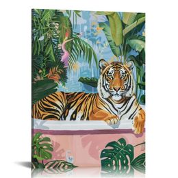 Tiger in Bathtub Canvas Poster Painting Bathroom Wall Art, Boho Jungle Picture Artwork Framed Botanical Print Ready to Hang for Restroom Toilet Wall Decor 16 x 20 inch