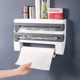 Fresh film rack kitchen shelf storage Organiser wall mounted packaging plastic Aluminium foil dispenser with cutter paper towel rack 240506