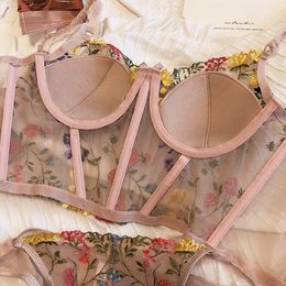 French Ultra Thin Lace Embroidery Lingerie Sexy Underwie Push Up Bra Set Romantic Flowers Fish Bone Body Shaper Top and Panties