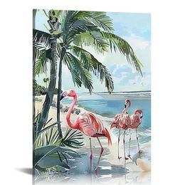 Flamingo Palm Tree Bathroom Pictures Wall Art Coastal Beach Flamingo Wall Decor Nautical Canvas Painting Framed Artwork for Bathroom Living Room Bedroom