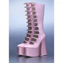 Boots Fashion Front Small Buckles Strap Hollow Knee Women High Platform Super Heel Black Pink Satin Purple Rock Stage Booties