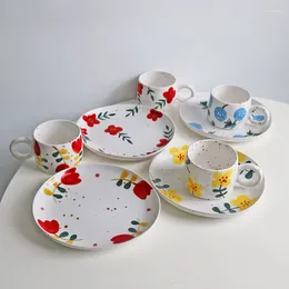 Plates Hand-painted Flowers Ceramic Tableware Creative Household Mug Irregular Dessert Cake Plate Coffee Cup Breakfast Bread Dish
