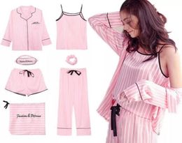 Pink Striped Pajamas Silk Satin Femme Pajama Set 7 Pieces Stitch lingerie Robe pyjamas Women Sleepwear pjs 2011093261140
