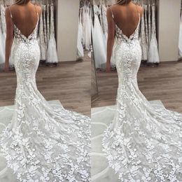 Expensive Floral Lace Wedding Dresses Mermaid Style 2023 Deep V-neck Spaghetti Beaded Strapls Sexy V Open Back Formal Bridal Party Dres 306U