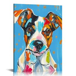 Abstract Puppy Artwork Dog Painting Funny Animal Pictures Wall Decor Print on Canvas Gallery Wrapped for Bedroom Living Room Bathroom Room