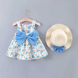 Girl's Dresses 2pcs Baby Girls Cute Strawberry Graphic Print Thin Strap Bowknot Dress Hat Set Clothes H240527 H721