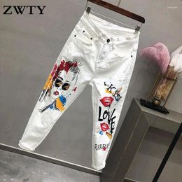 Women's Jeans ZWTY Summer Spring Women Cartoon Graffiti Flowers Print Skinny Stretched Pencil Pants Denim Slim Capris