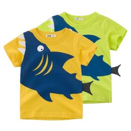 T-shirts T-shirts 2024 Summer New Short Sleeve T Shirt Boy 3D Cartoon Shark Print O-Neck Casual Childrens T-Shirts Boys Tops Cotton Kids Clothes WX5.27