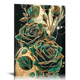 Emerald Green Flower Wall Art Gold Emerald Rose Wall Decor Modern Floral Canvas Print Painting Picture Artwork for Bedroom Bathroom Home Decor,Framed