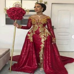 2021 Red Sequins Mermaid Prom Party Dresses Overskirt Train Off Shoulder Long Sleeves Gold Lace Plus Size Formal Evening Occasion Gowns 2263