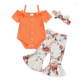 Clothing Sets Infant Baby Girl Outfit Short Sleeve Suspenders Ribbed Romper Floral Flared Pants Set 3 Pieces 0-18 Months