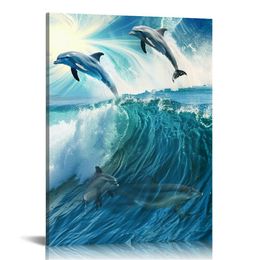 Dolphin Wall Art Blue Ocean Jumping Dolphins Animal Bathroom Decor Painting Picture Prints on Canvas Framed Home Wall Decoration