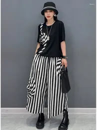 Women's Two Piece Pants QING MO 2024 Summer Black And White Striped Pant Sets O-neck Short Sleeve T-shirt Wide Leg Casual Suit For Girl