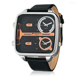 Wristwatches Dual Times Military Watches Men Quartz Wrist Mens Leather Strap Square Big Case Sports Relogio Masculino 3269