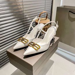 Fashion Women CAGOLE 90 mm Sandals Pumps Italy Originals Pointed Toe White Leather Gold Metal Letters Embellished Ankle Straps Designer Sandal High Heels Box EU 35-42