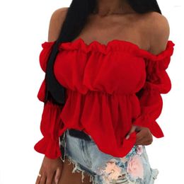 Women's Blouses Fashion Womens Tops And Sexy Solid Color Long Sleeve Off Shoulder Ruffled Edges Short Blouse Women Clothing 2024