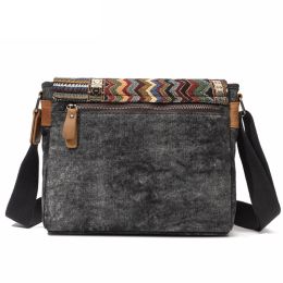 High Quality Waxed Canvas Shoulder Bag National Style Crossbody Bag Young Men Patchwork Colour Flap Sling Bag 2022