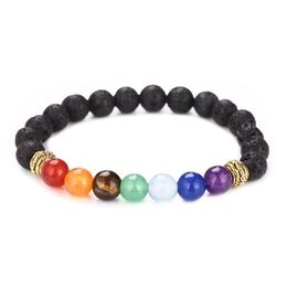 Beaded 8Mm Natural Energy Lava Stone Gold Sier Plated Strands Charm Bracelets For Women Men Handmade Jewelry Drop Delivery Dh2Pr