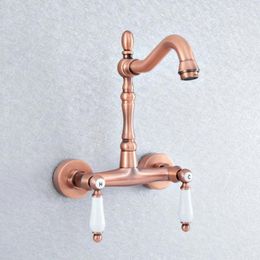 Kitchen Faucets Wall Mounted Double Handle Antique Red Copper Faucet Swivel Spout Bathroom Vessel Sink Mixer Tap Lsf890