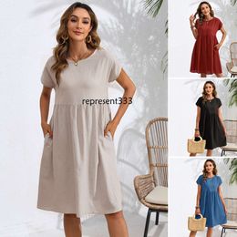 Designer-Kleid 2024 Mode Sommer-Stil-Baumwoll-Leinen runden Hals A-Line-Rock-Taschenkleid