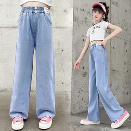 Jeans Jeans Summer Ice Silk Cotton Jeans Girls Soft High Waist Wide Leg Pants Childrens Thin Loose Casual Trousers Ankle Length Cool Jeans WX5.27