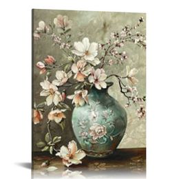Vintage Floral Canvas Art Blue White Orchid Poppy Magnolia Vase Flower Painting Retro Artwork for Living Room Bedroom Gallery Wrap Ready to Hang