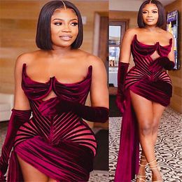 2021 Plus Size Arabic Aso Ebi Stylish Burgundy Sexy Prom Dresses Sweetheart Short Velvet Evening Formal Party Second Reception Gowns Dr 292y
