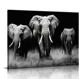 Black White Elephant Contemporary African Animal Wall Art Canvas Print Framed Picture Modern Painting for Living Room Office Bedroom Decor