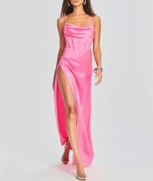 Elegant Long Pink Satin Prom Dresses with Slit Sheath Spaghetti Straps Pleated Cowl Neck Sweep Train Zipper Back Prom Dresses for Women