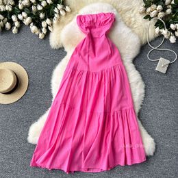 Heart trick hollowed out backless dress for women with slim waist and sexy one shoulder sleeveless strapless long vacation fairy dress