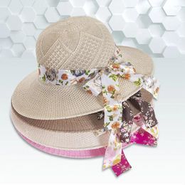 Wide Brim Hats Imitated Straw Sun Long Floral Ribbon Bowknot Knitted Cap For Women Summer Outdoor Travel Beach Hat Panama Caps