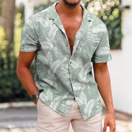 Men's Casual Shirts Men Hawaiian Shirt Tropical Leaves Print For Beachwear Top With Short Sleeves Single-breasted Design Guys