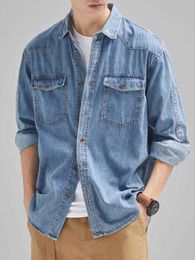 Men's Casual Shirts 2024 New Denim Cotton Mens Shirt Long Sleeve Black Blue Drop Shoulder Button Pockets Cowboy Loose Casual Work Jeans Shirts z240528