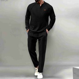 Men's Tracksuits Spring new mens casual suit style fashion Waffle Henry shirt top long sleeve trousers two-piece set Q240528