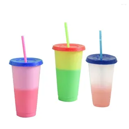 Cups Saucers Color Changing Cold Drink Reusable Temperature-Sensitive Plastic Colorful Coffee Cup With Lids And Straws