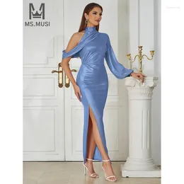 Casual Dresses MSMUSI 2024 Fashion Women Sexy One Shoulder Halter Slit Draped Fold Long Sleeve Bodycon Party Club Event Maxi Dress Gown