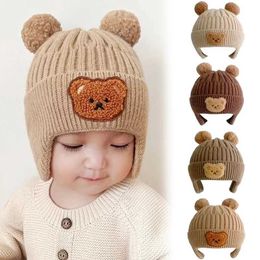 Caps Hats Caps Hats Baby Ear Protection Hat Cute Bear Embroidered Plush Knitted Hat Childrens Autumn and Winter Thick Windproof Hat WX5.27