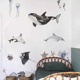 Wall Decor Underwater World Fish Wall Stickers Waterproof Watercolor Coral Ocean Wall Decals for Bathroom Nursery Baby Room Home Decor d240528