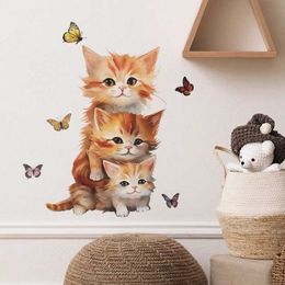 Wall Decor Painted Kittens Playing Wall Stickers For Kids Room Bedroom Home Decoration Removable Wallpaper Cats Decor Self-adhesive Decals d240528