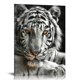 Black White Tiger Wall Art for Living Room Brown Eyed Tiger Painting Prints on Canvas Wild Animal Picture Art Decor Home Office Men