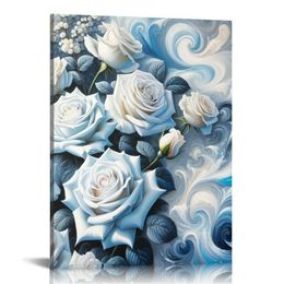 White Flower Pictures Wall Art Blue Abstract Floral Painting for Bathroom Modern Canvas Print Home Decor with Framed Ready to Hang