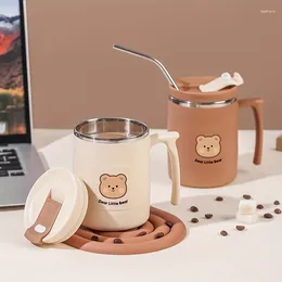 Water Bottles 1pc 500ml Cute Bear Mug Double Walled Insulated Stainless Steel Travel Coffee With Straw And Lid Office Iced