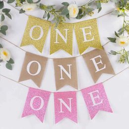 Banners Streamers Confetti Gold Pink Jute ONE Burlap Bunting Banner Baby Shower 1st Birthday Party Photography Props Hanging Decoration Garland Flags d240528