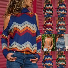 Women's Polos Autumn Women Sweater Long Sleeve Sexy Cold Shoulder Turtleneck Pullover Striped Loose Casual Ladies Jumper Tops
